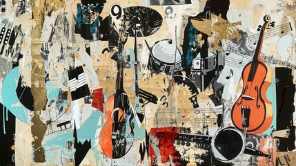 Musical themed collage art Instruments, notes, rhythm based designs, Ai Generated
