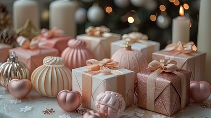 Charming array of gift boxes featuring affectionate white, gold, and pink decorations