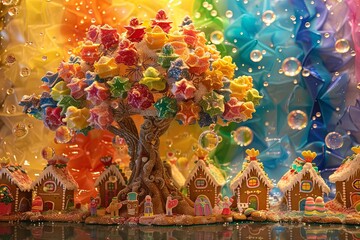 Enchanting rainbow tree surrounded by gingerbread houses, lively people, and showering rainbow droplets