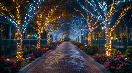 A walkway with trees lit up in blue and red lights