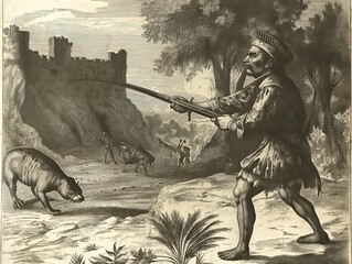 A man is holding a gun and shooting a pig. The scene is set in a forest, with a wall in the background. The man is in a state of anger or frustration, as he is taking aim at the pig