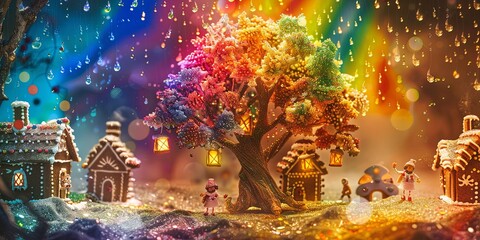 Naklejka premium Scenic Rainbow Tree with Gingerbread Houses, Delighted People, and Cascading Rainbow Drops