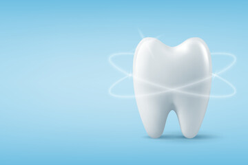 Vector Banner with Realistic Shiny Healthy Clean Tooth Closeup. Dentistry Design for Medical, Toothpaste Advertisement. Healthy Oral Hygiene, Teeth Care