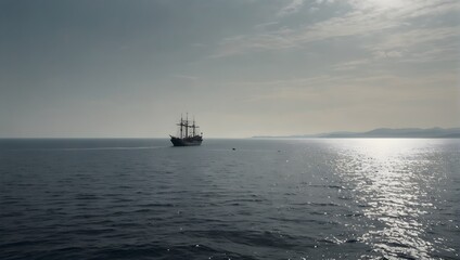 Obraz premium A solitary sea, a lone ship navigates the vast expanse against a backdrop of pure white ai_generated