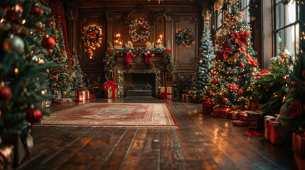 A large room with a fireplace and many Christmas trees