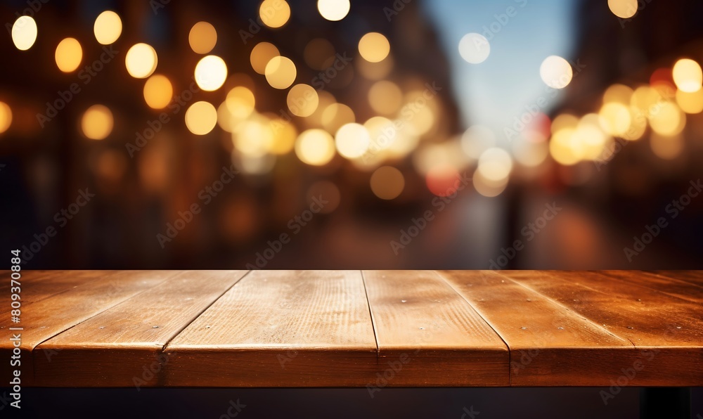 Aufkleber empty wooden table and bokeh lights background. for product display