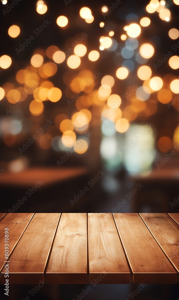 Poster empty wooden table and bokeh lights background. for product display