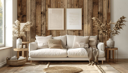 Fototapeta premium Blend the warmth of farmhouse décor into a contemporary living area, channeling Scandinavian chic with a stylish sofa