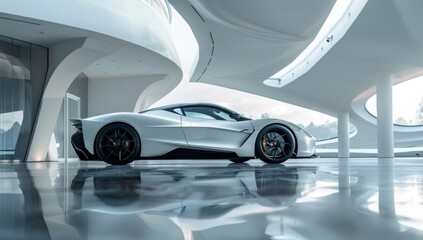 Against the pristine white expanse, the supercar stands as a symbol of minimalist luxury, its sleek contours cutting through the void with effortless precision.