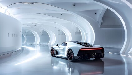Fototapeta premium Amidst the serenity of the white void, the supercar emerges, its silhouette a study in minimalist sophistication, a vision of speed and grace.