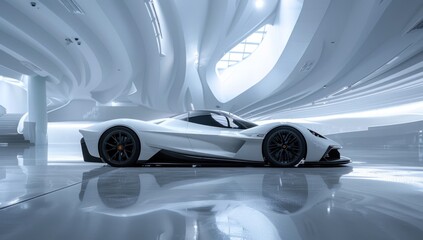 Amidst the serenity of the white void, the supercar emerges, its silhouette a study in minimalist sophistication, a vision of speed and grace.
