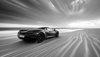 As it races towards the horizon, the supercar embodies the essence of minimalist speed, a blur of elegance against the purity of the backdrop.