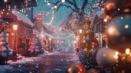 Charming 3D Christmas Town Scene Snowballs Decorated Trees and Quaint Charm