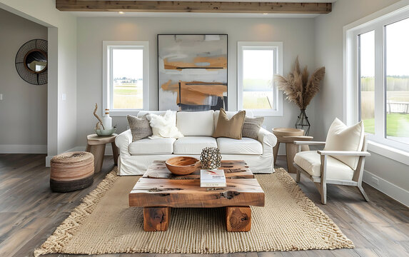 fusion of modern living and rustic charm with farmhouse inspired interior design