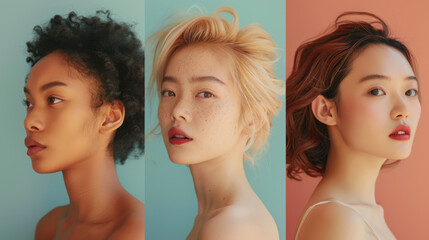 Three women with different hair colors and styles are shown in a row