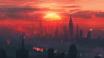 A city skyline with a large red sun in the sky