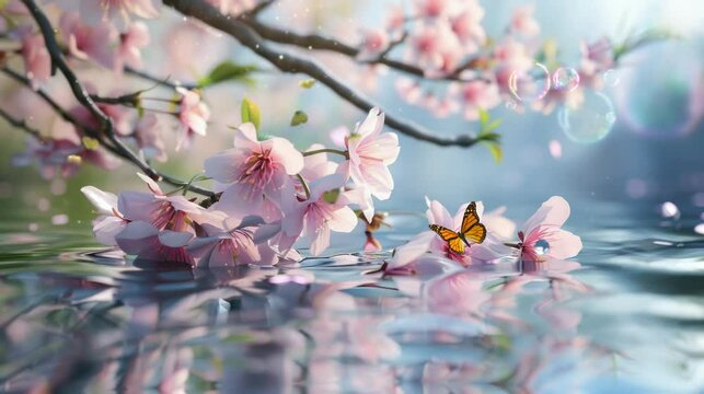 cherry blossoms grow near the river which is very beautiful. seamless looping time-lapse virtual video Animation Background.