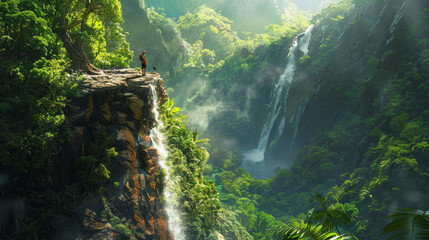 A person is standing on a cliff overlooking a waterfall