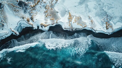 An aerial perspective of a frozen snowy cliff meeting the azure waters of the ocean, showcasing the beauty of this natural geological phenomenon AIG50