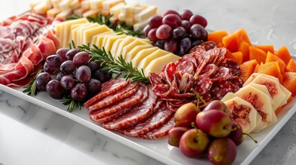 exotic fruit charcuterie board on white plate featuring red and purple grapes, white cheese, and a mix of red and purple grapes