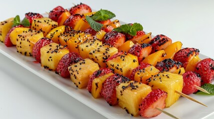 exotic fruit kebabs on white plate