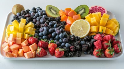 exotic fruit platter on transparent background featuring red strawberries, green kiwis, and sliced kiwis