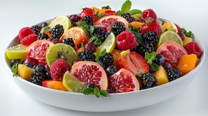 exotic fruit salad bowl on transparent background featuring sliced lemons, blackberries, and red strawberries