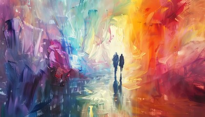 A couple is walking away from the viewer. The man and woman are holding hands. The background is a bright, colorful blur. The painting is done in a loose, impressionistic style.