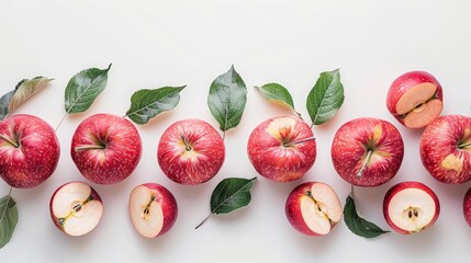 fresh fuji apples on clean isolated background, accompanied by green leaves