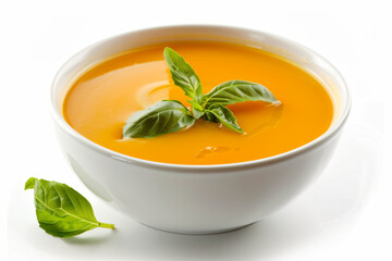 a bowl of soup with a leaf on top