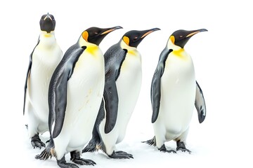 A group of emperor penguins on ice, isolated on a white background