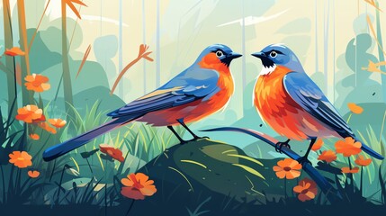Two vividly colored birds perched on a branch amidst orange flowers and a lush forest background.
