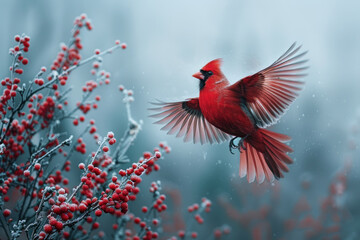 A red bird flying away from twigs in the wild, wildlife template