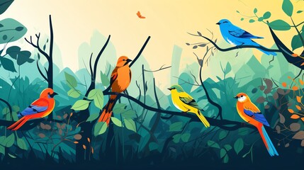 Birds of a feather flock together. A beautiful illustration of a variety of birds in a lush forest setting.