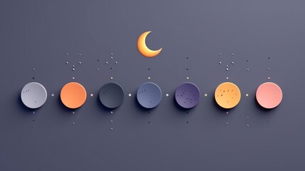 Create an image of a night sky with a crescent moon and 7 planets