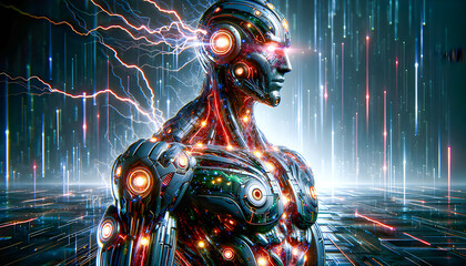 A sleek cyber information security robot, with glowing circuits and advanced sensors, safeguards digital networks with vigilance and precision.