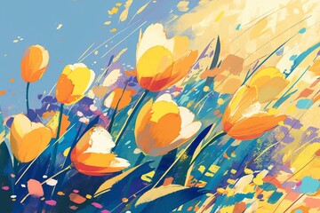 Tulips swaying in a field, their colorful blooms and leafy stems repeating in harmony.