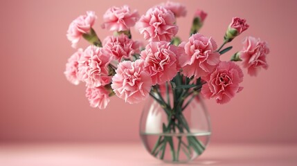 Carnation Blossoms in Glass Vase on Pastel Pink Background