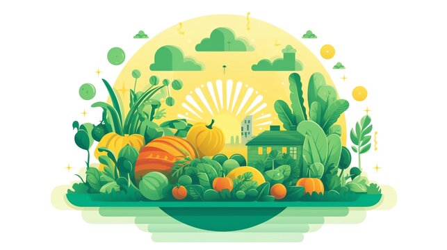 Create illustration of a garden with a small house