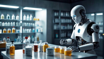 Obraz premium One Robot in a medicine laboratory developing and researching on new herbal and organic medicines.