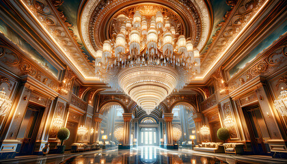 Fototapeta premium The grand hotel lobby boasts elegant luxury decor, with opulent furnishings, sparkling chandeliers, marble floors, and a welcoming ambiance.