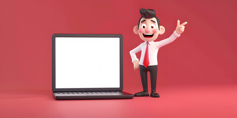  3d male business character ok pose with laptop icon on red background, 3d male character strikes with an idea while working concept  
