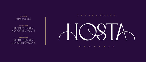 Hosta elegant font alphabet uppercase lowercase and number. Classic lettering minimal fashion designs. Typography modern serif fonts regular decorative vintage concept. Vector illustration