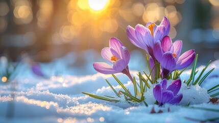 Crocus Blooms: Sunlit Growth in Winter Snow
