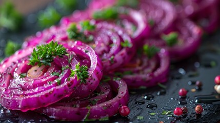 Close-up of marinated red onions garnished with herbs on dark surface.
