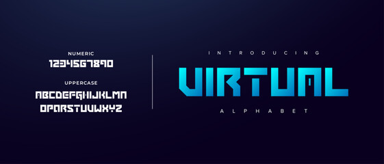 Virtual creative simple modern urban alphabet font. Digital abstract futuristic, logo, music, sport, minimal technology typography. Simple numeric vector illustration