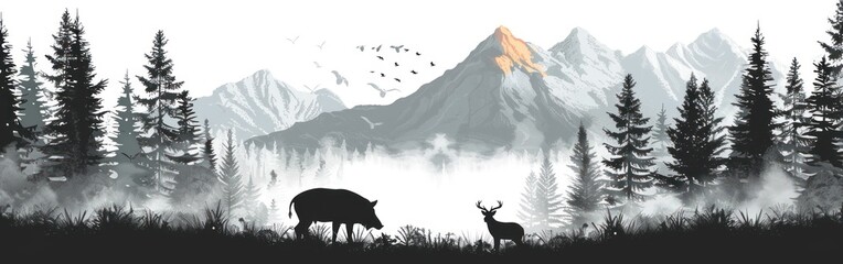 Misty Mountain Forest Adventure: Silhouette of Wild Boar Family, Fir Trees, and Panoramic Wildlife...