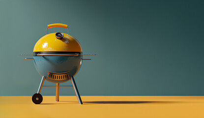 3d icon of a blue kettle bbq, flat icon style with blue pastel tones, summer time, bbq, backyard, barbecue, bar-b-q, copy space