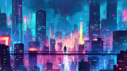 Futuristic City Skyline with Towering Skyscrapers Neon Lights and Holographic Displays Illuminating the Dramatic Night Scene