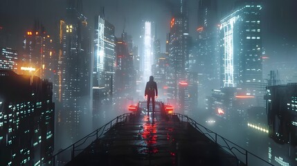 Solitary Passage Through Neon Illuminated Futuristic Cityscape with Towering Skyscrapers and Suspended Walkway